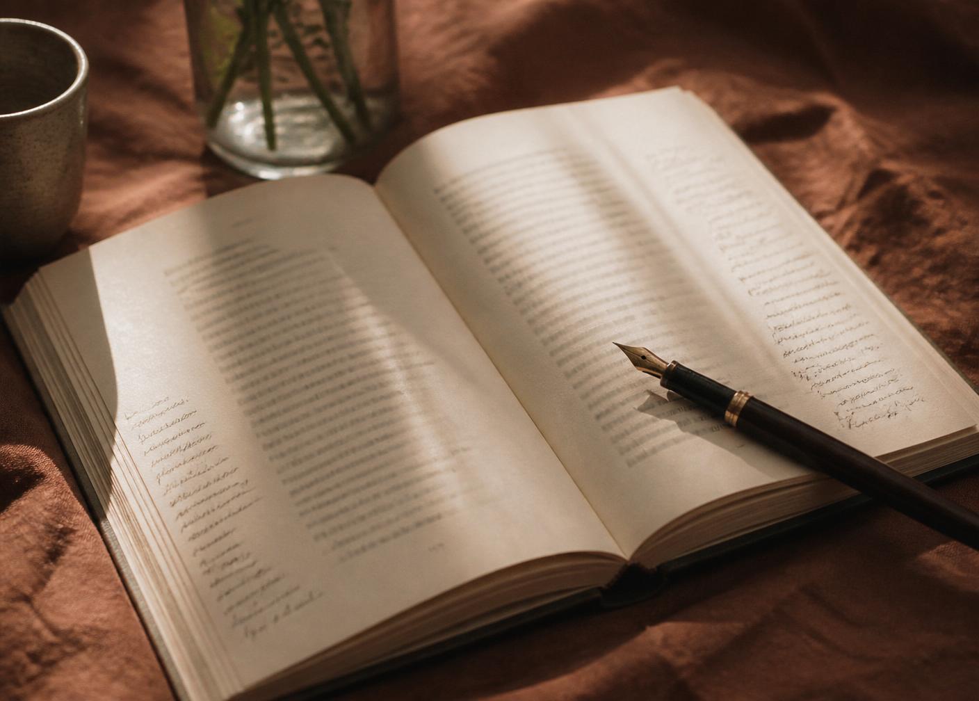 Libro abierto con notas manuscritas y una pluma.